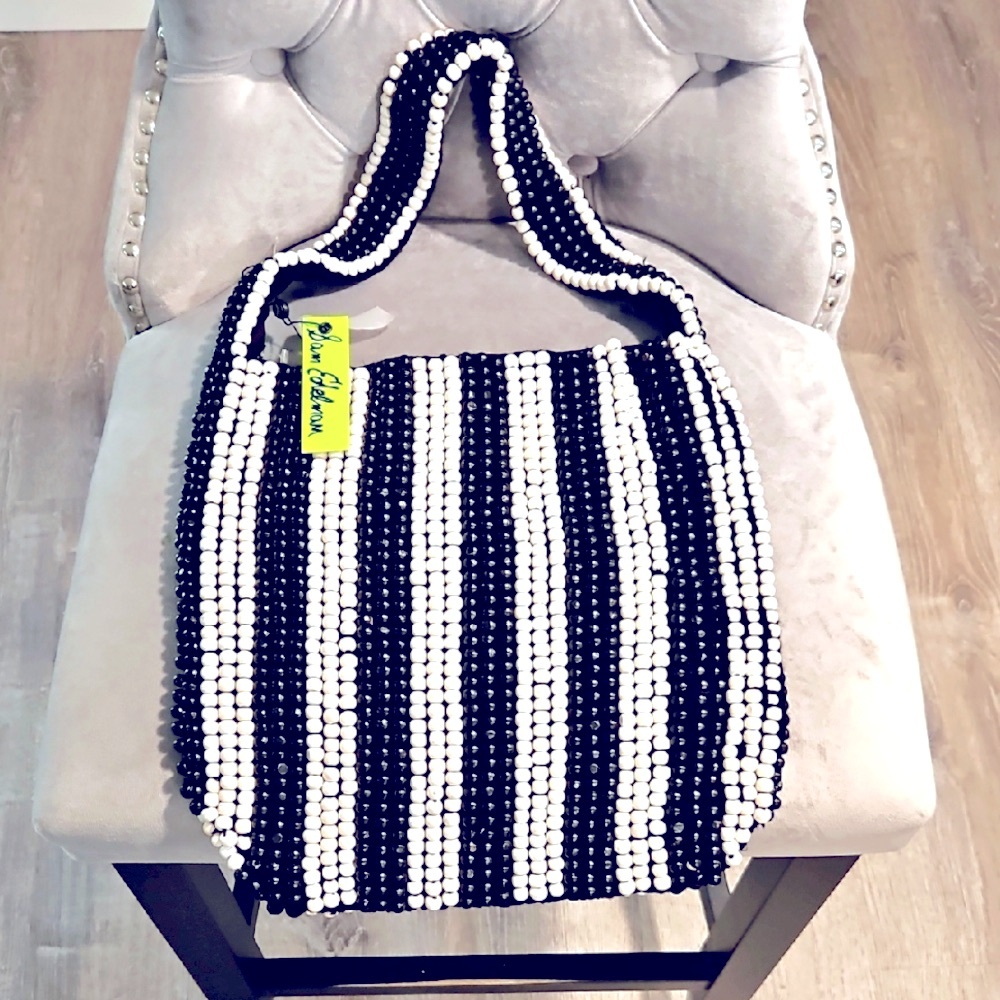 Nwt SAM.EDELMAN BLACK & WHITE BEADED BAG W/ 2 INNER POCKETS, 1 ZIPPERED